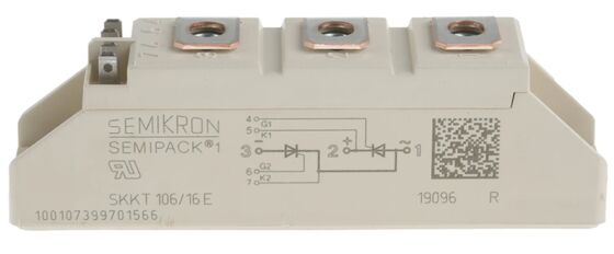 SKKT106/16E 1600V 106A Moduł podwójnego tyrystora Niska VF 1.35V 2.4kA Prąd udarowy AlN Ceramiczna podstawa Styki ciśnieniowe SEMIPACK1 Izolowany Certyfikat UL do łagodnych rozruszników i napędów