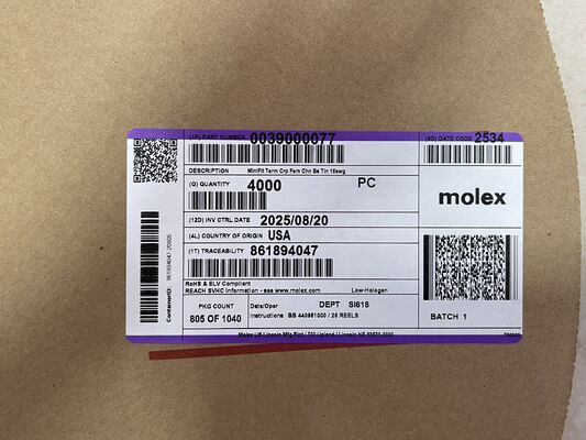 0039000077 2,36 mm średnica cynowa pokryta mosiądzem końcówka łopatka końcówka krętacze nieizolowane 16-14 AWG 600V Notyfikacja prądu 20A opakowanie rolkowe do instalacji elektrycznych i przemysłowych