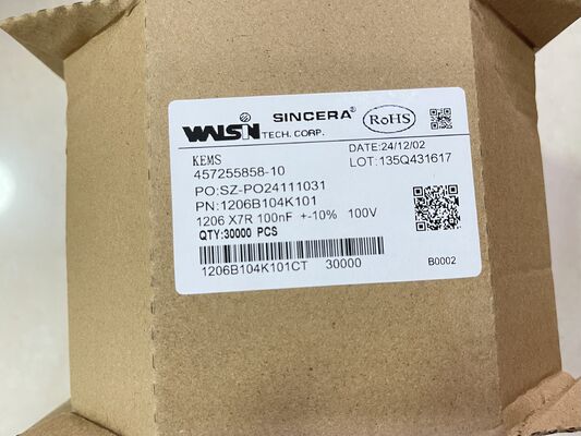 1206B104K101CT MLCC 1206 przypadek X7R dielektryczny 0.1μF ±10% 100V niskiej nominalnej ESR szeroki zakres od -55°C do +125°C idealny do odłączania i filtrowania mocy